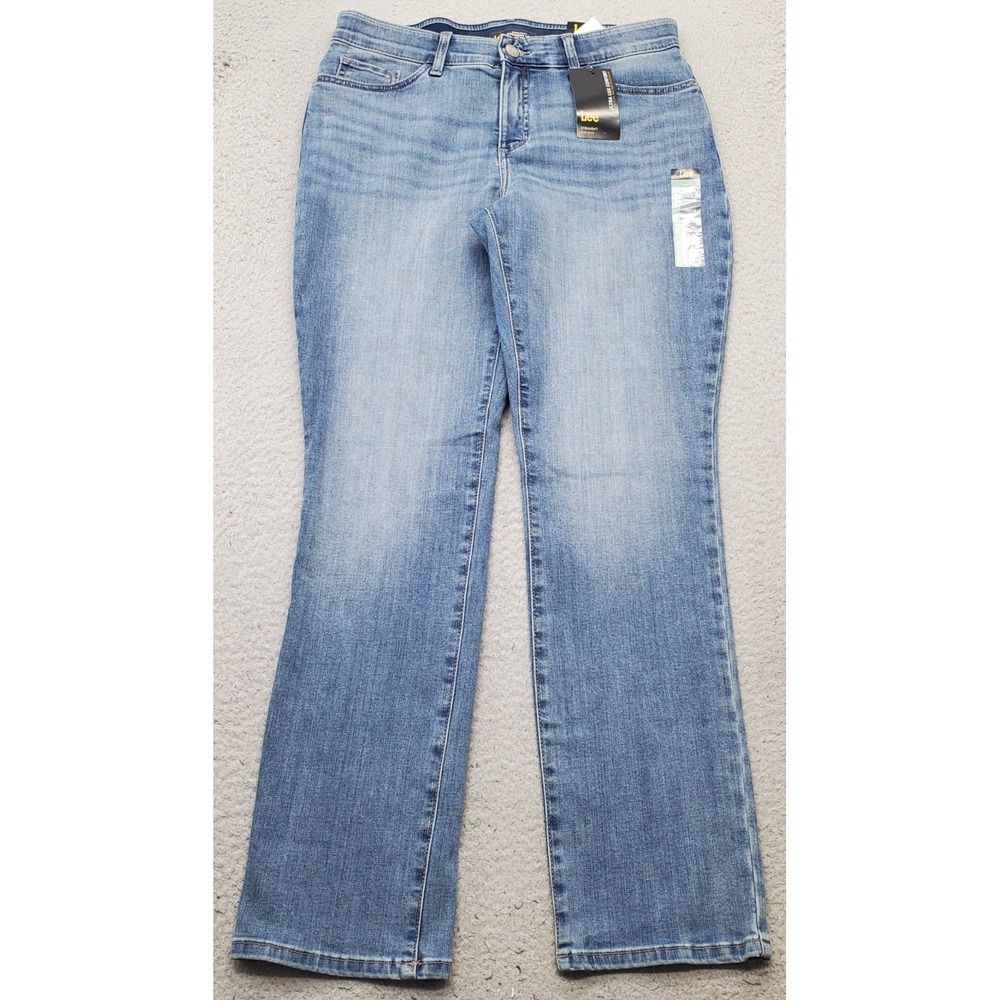 Lee Jeans Women 12M Blue Denim Whiskered Faded Mid Rise Regular Fit Straight Leg